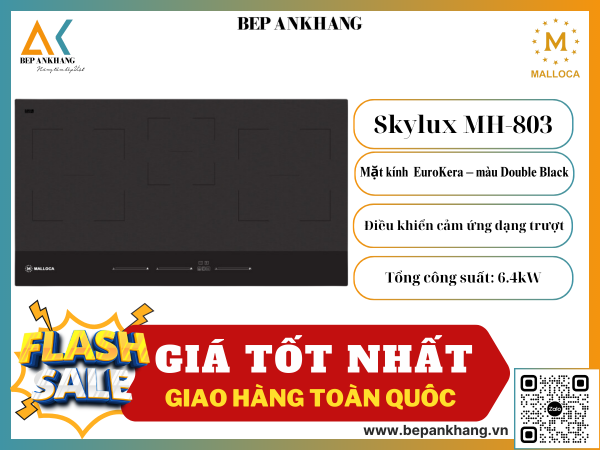 Bếp từ 3 vùng nấu Malloca Skylux MH-803 - Mặt Kính Eurokera Pháp